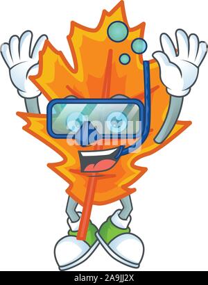 Orange autumn leaves with cartoon character diving Stock Vector