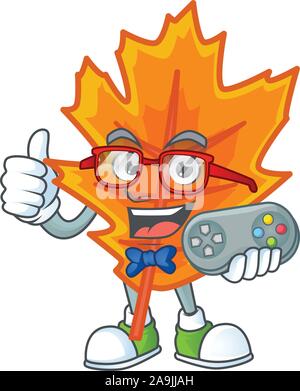 Orange autumn leaves cartoon with holding gamer mascot Stock Vector