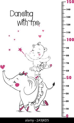 Kids height ruler with a elephant, a hippo, a giraffe, a cat for wall decals, wall stickers - Vector Stock Vector