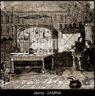 An old engraving showing an Elizabethan barber's shop in Britain Stock Photo