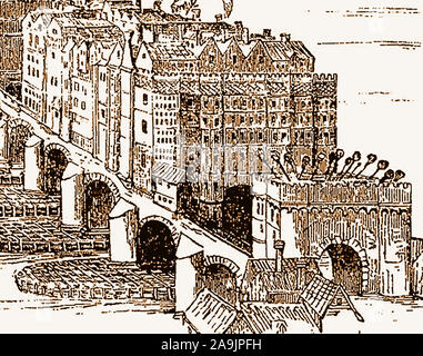 An historic view of old London Bridge (1209-1831) with its buildings and heads of criminals and traitors, skewered on poles over the arch at its entrance.
