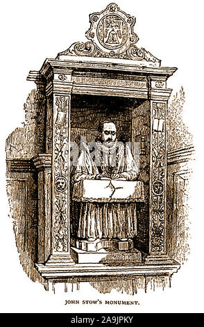 A Victorian illustration of the monument and  effigy of John Stow (Stowe), historian,chronicler and antiquarian(1524-1605) in the  Church of St Andrew Undershaft,   London, UK. It bears the  arms of the Worshipful Company of Merchant Taylors and a  Latin inscription: 'Either act by writing or write by reading'. His wide  circle of antiquarian friends included Archbishop Matthew Parker, John Joscelyn,  William Fleetwood, William Lambarde, Robert Glover, Henry Savile, William Camden, Henry John Dee, and Thomas Hatcher Stock Photo