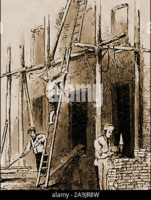 A Victorian was drawing of a builder,bricklayer and  a painter & decorator at work in Britain. Stock Photo