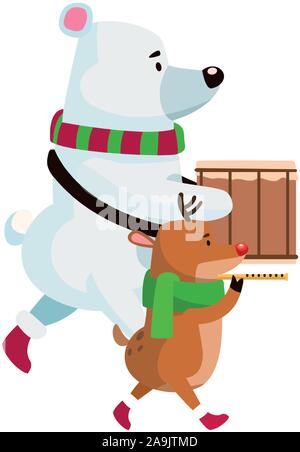 polar bear and deer playing musical instruments Stock Vector