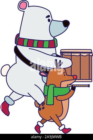 polar bear and deer playing musical instruments Stock Vector