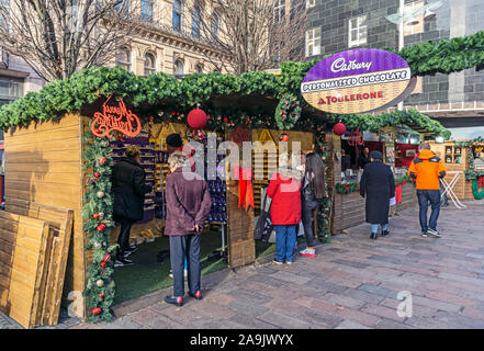 Glasgow Christmas Market 2019 in St Enoch Square Glasgow Scotland with stalls selling food and drink Stock Photo