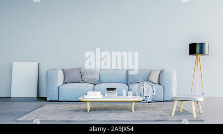 Modern interior design of living room with italian style furniture, blue color theme, mock-up wall, 3d rendering Stock Photo
