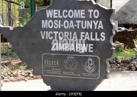 Welcome to Victoria Falls sign on the Zambian side of the falls Zambia Africa Stock Photo