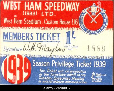 1939 Season Privilege Ticket for West Ham Speedway, Custom House, London E 16 Stock Photo