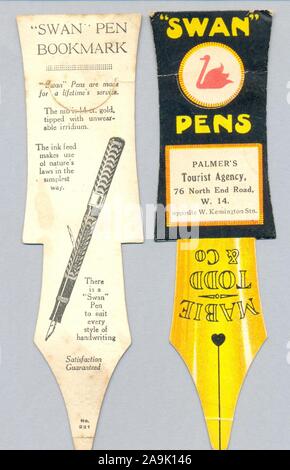 Die cut bookmarks advertising 'Swan' Pens showing front and back circa 1935 Stock Photo