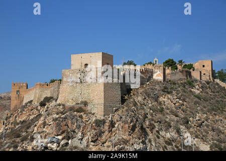 Entrance to the Alcazaba Castle, looking at the fortified walls & gateway, Almeria Spain Stock Photo