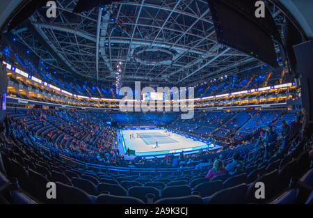 O2, London, UK. 16th November 2019. Visitors arrive in the O2 arena for semi-finals day at the 2019 Nitto ATP Finals as centre court prepares for the afternoon session of doubles and singles matches. Credit: Malcolm Park/Alamy Live News. Stock Photo