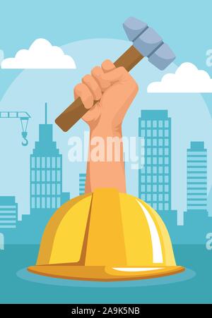 safety helmet and hand holding a hammer over urban city buildings background Stock Vector