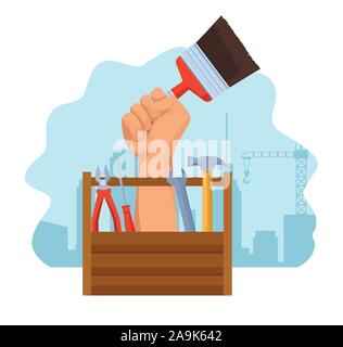 tools box and hand holding a paint brush over under construction scenery Stock Vector