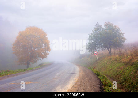 country road through forest in foggy weather. warning sign on the roadside near the trees. poor visibility is dangerous when riding fast. slow down ta Stock Photo