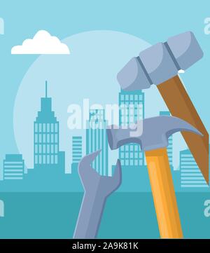 tools over urban city buildings scenary background Stock Vector