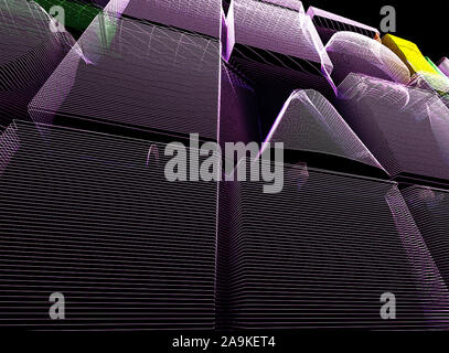 Abstract background with wall of multiple 3d shapes in neon lines Stock Photo