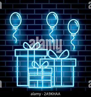 neon lights label with giftbox and balloons helium Stock Vector