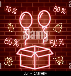 neon lights label with box carton and balloons helium Stock Vector
