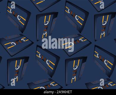 Compact cassette seamless pattern with floating or flying tape in perspective view Stock Vector