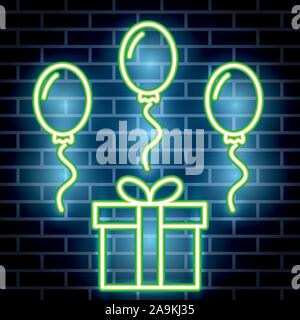 neon lights label with giftbox and balloons helium Stock Vector