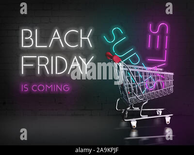 Black Friday sale banner. Dark Black Friday neon light banner. Dark Black Friday sale. Neon billboard on brick wall. Stock Photo