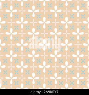 Retro geometric floral pattern. Seamless vector background. White and blue ornamenton cream color backgroud. Ornament for fabric, wallpaper, packaging, Decorative print. Vintage kitchen background. Stock Vector