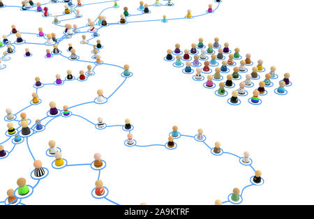Crowd of small symbolic 3d figures linked by lines, detached category, layered system network, over white, horizontal, isolated Stock Photo