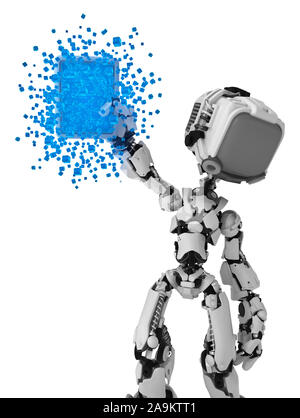 Screen robot figure character pose with data tablet abstract, 3d illustration, horizontal, isolated Stock Photo