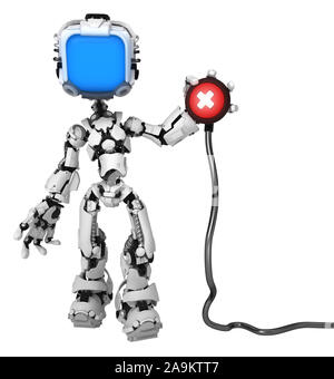 Screen robot figure character pose wired red button, 3d illustration, horizontal, isolated Stock Photo