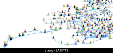 Crowd of small symbolic 3d figures linked by lines, end branch of layered system network, over white, horizontal, isolated Stock Photo