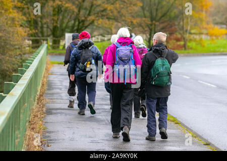 Chorley, Lancashire. UK Weather. 16th Nov, 2019. Cold, wet, blustry, cloudy day in rural Chorley. Age concern social groups organised by older people for older people throughout the UK. Walking, rambling or hiking club day outing. Credit: MediaWorldImages/Alamy Live News Stock Photo