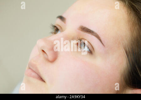 Result of permanent makeup, tattooing of eyebrows in beauty salon Stock Photo