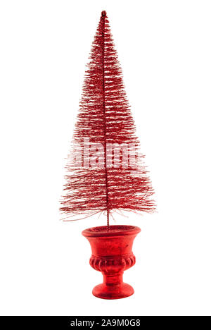 One red colored Christmas tree made of metal wire in a decorative vase. The image is isolated on a white background. Stock Photo