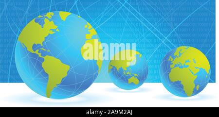 Globe Illustration with random lines and binary code in the background. layered. World map generated from https://www.cia.gov/library/publications/the Stock Vector