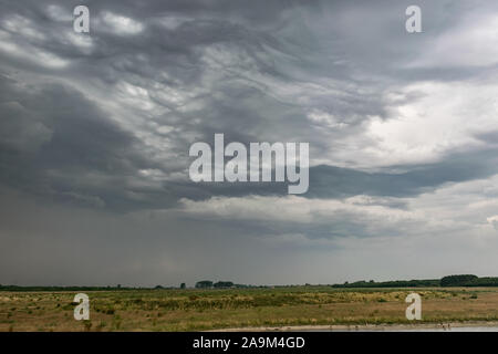 Thunderstorm with dramatic appearance over the flat, wide open countryside near the city of Leiden, Holland Stock Photo