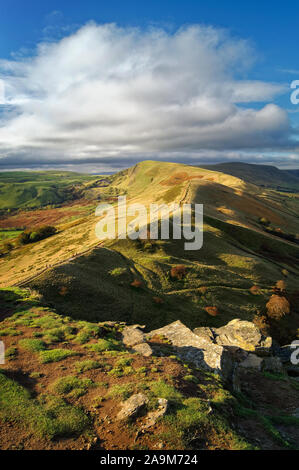 UK,Derbyshire,Peak District, View from Back Tor along the Great Ridge to Mam Tor. Stock Photo