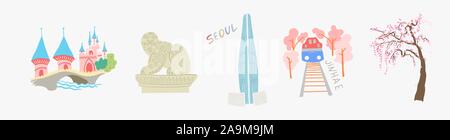 set of doodle flat vector illustration sights of south korea Stock Vector