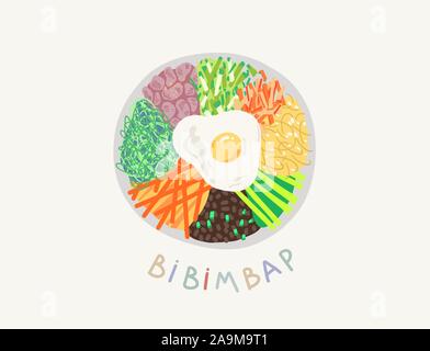 doodle flat vector illustration of bibimbap - traditional food of South Korea Stock Vector