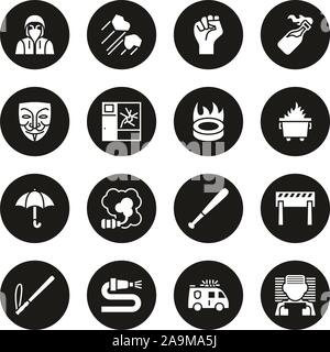 Violent Demonstration Icons White On Black Circle Set Stock Vector