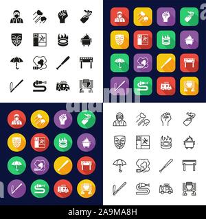 Violent Demonstration Icons All in One Icons -Black & White-Color Flat Design-Thin Line- Set Stock Vector