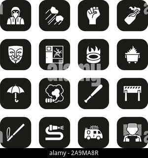 Violent Demonstration Icons White On Black Set Stock Vector