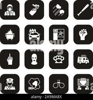 Riot or Public Disturbance Icons White on Black Set Stock Vector