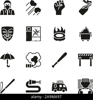 Violent Demonstration Icons Black & White Set Stock Vector