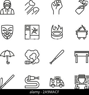 Violent Demonstration Icons Thin Line Set Stock Vector