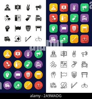 Demonstration Or Protest Icons All in One Icons -Black & White-Color Flat Design-Thin Line- Set Stock Vector