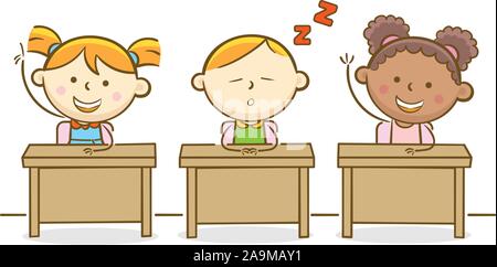 Doodle kid illustration: Lazy kid between active students in a class Stock Vector