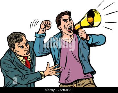 scared man in the street calms a protester with a megaphone Stock Vector