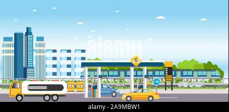 Vector of a modern city landscape with gas station and cars fueling, building houses, passing by metro train and skyline background Stock Vector