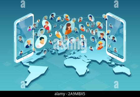 Vector of diverse group of multiethnic people communicating via mobile phone app technology Stock Vector